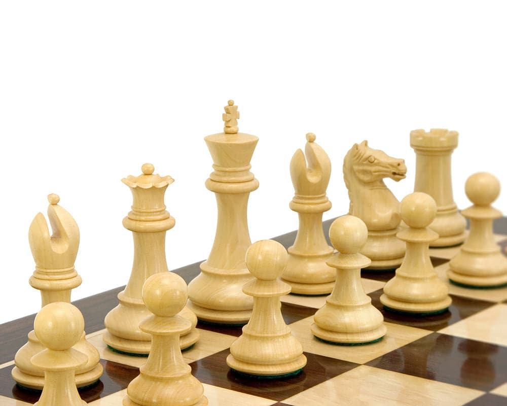 Sentinel Series Rosewood Staunton Chess Pieces in light color displayed on chessboard.