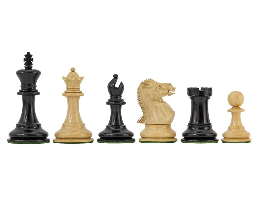 Highgrove Series Ebonised Staunton chess pieces set with 3 inch king, classic Staunton design, carved boxwood, weighted and felted pieces.