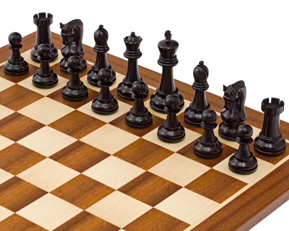 Leningrad Series Ebonised Chess Men on Italian 16.5 inch board with 3 inch king, crafted from ebony and weighted bases