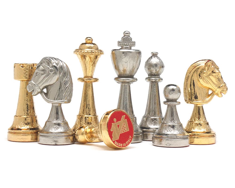 The Messina Gold and Silver Plated Italian Chessmen with exquisite detail and 3-inch king, inspired by Messina, Sicily.