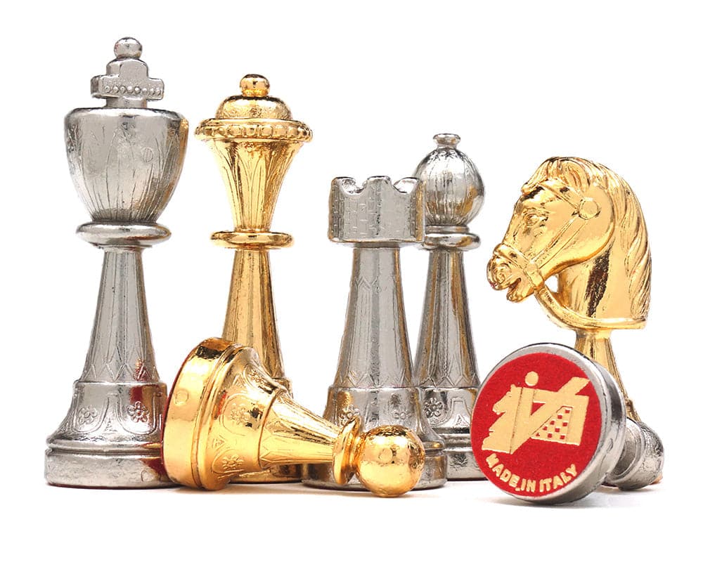 Gold and silver plated Italian chess pieces with billiard cloth bases from Messina, Sicily, featuring a 3 inch king