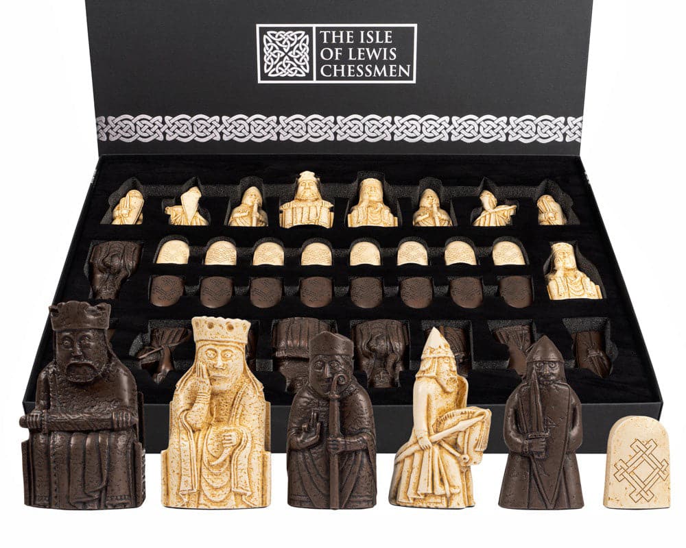 Regency Chess Official Lewis Chessmen Set handcrafted in the UK, featuring detailed stone resin replicas of the original Isle of Lewis pieces.