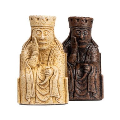 Isle of Lewis official chessmen, medium size 2.75 inch king pieces crafted in the UK, beige and brown.