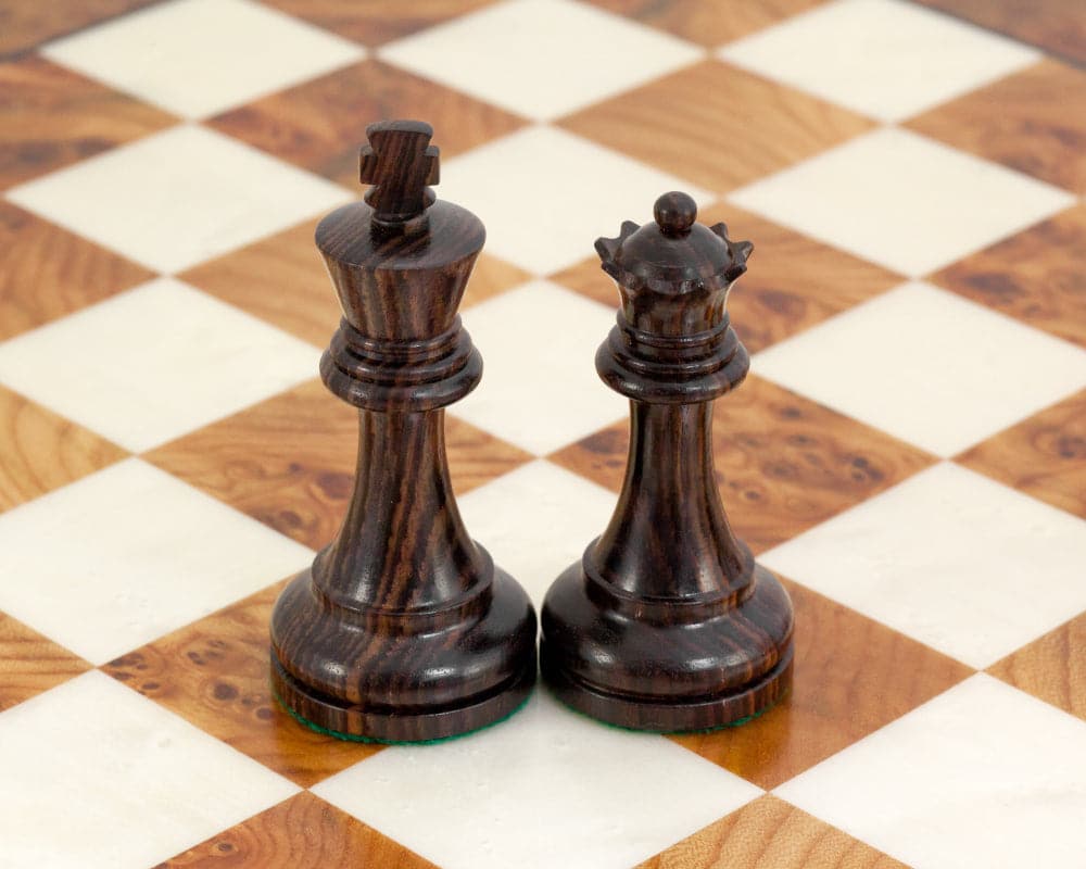 Rosewood Staunton Deluxe Chessmen 3.75 inch king and queen on chessboard