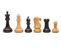The Warwick Series 3 inch Ebonised Chessmen in Staunton design beautifully carved from boxwood, featuring weighted and felted pieces.