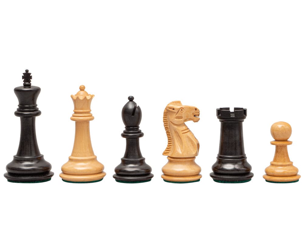 The Warwick Series 3.25 Inch Ebonised Chessmen, traditional Staunton design, beautifully carved from boxwood, weighted and felted, superb detail.