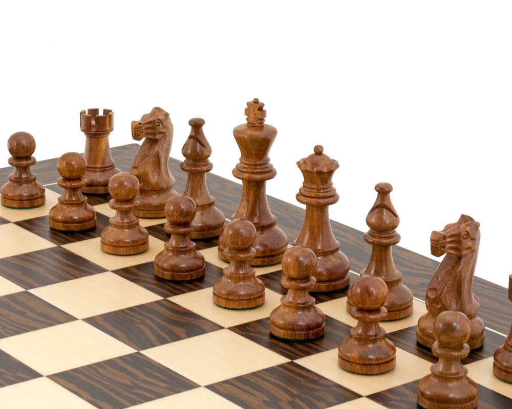 The Rochester Ebony Chessmen 4 inch set on a 19 inch board with 1.9 inch squares, beautifully crafted in Spain.