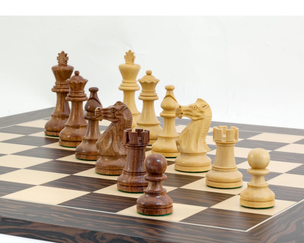 The Rochester Ebony Chessmen on 19 inch board with 1.9 inch squares, made in Spain, European quality, classic design, ideal king height 3.5-3.75 inches.