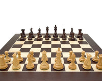 Windsor Wenge and Rosewood Chess Set on Deluxe Wenge playing board, intricately crafted and elegantly styled for premium gameplay.