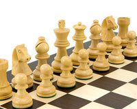 Classic boxwood Staunton chess pieces on a black and white chessboard from Down Head Classic Wenge Deluxe Chess Set.