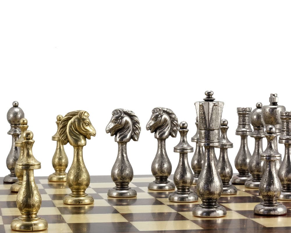 Maghreb Brass and Walnut Traditional Chess Set with beautifully crafted metal chess pieces on a walnut and maple chessboard.