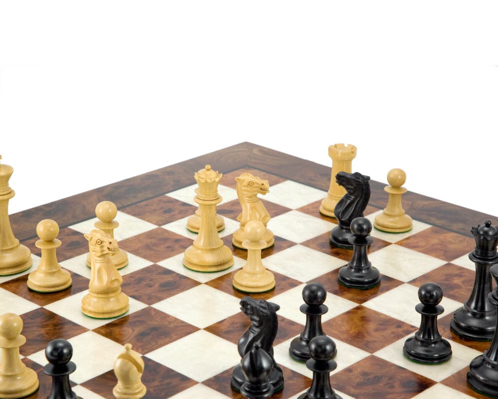 Old English Elite Ebony and Briar Luxury Chess Set on lacquered briarwood and elm veneer board handcrafted in Italy.