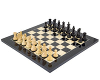Black Flower Chess Set on high gloss black anegre board, uniquely handcrafted Staunton design with billiard cloth bases and 3.25 inch king.
