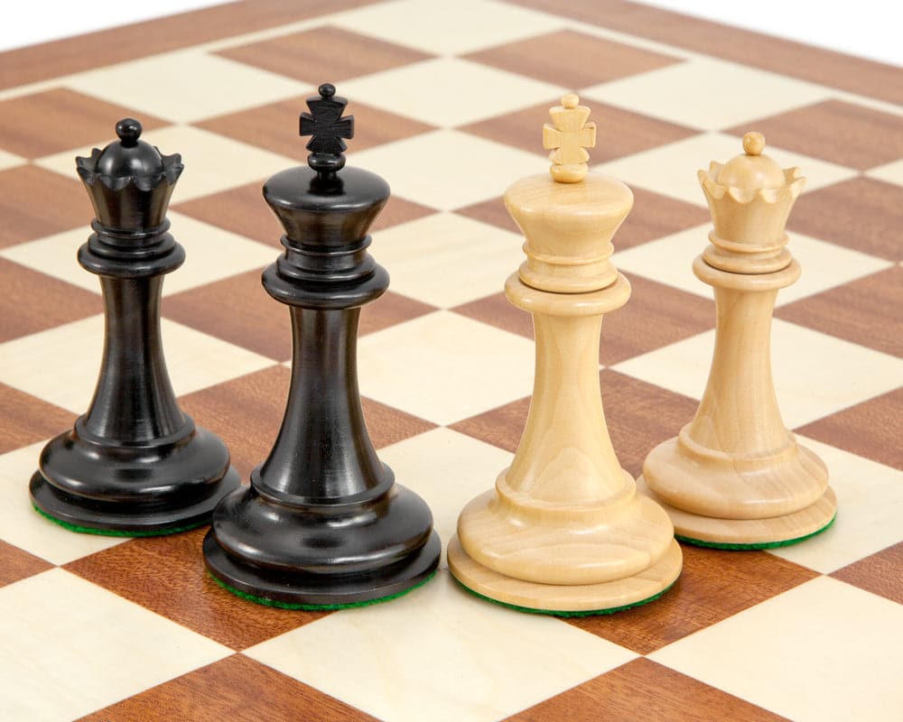 Old English Elite Ebony Mahogany Chess Set with 3.5 inch king and additional queens on a superb quality mahogany board.