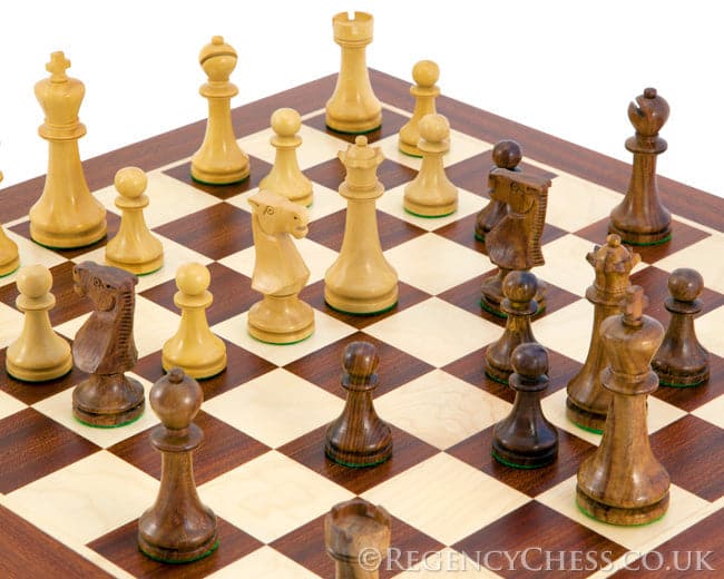 Luxury Staunton chess set with hand-turned pieces on a European inlaid Mahogany and Maple chessboard