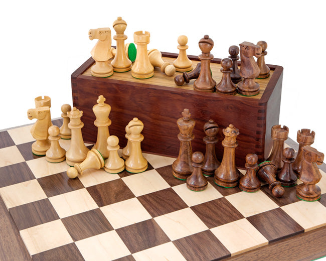 Pioneer Schachspiel aus massivem Nussbaum und Sheesham mit Etui