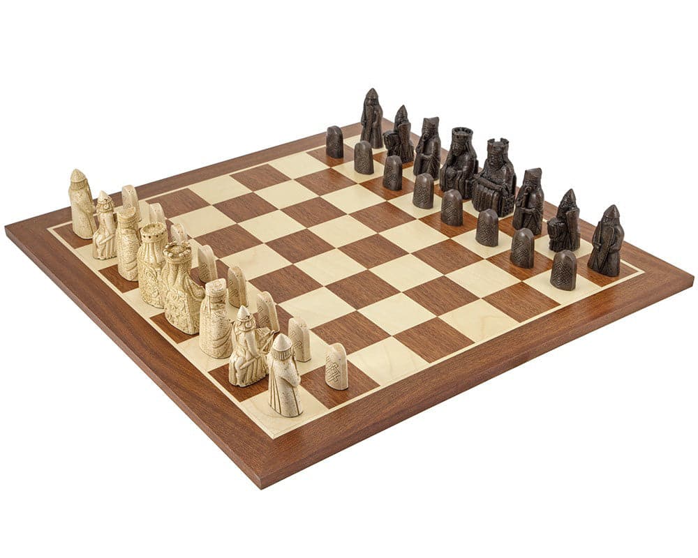 The Isle Of Lewis Large Mahogany Chess Set with high-quality chessboard and intricately designed chess pieces.