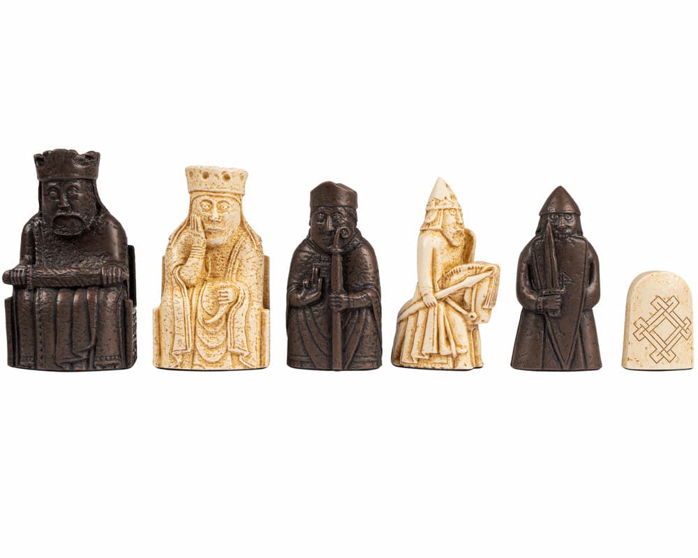 Isle of Lewis chessmen pieces in black and white, high-quality historic chess set crafted in England