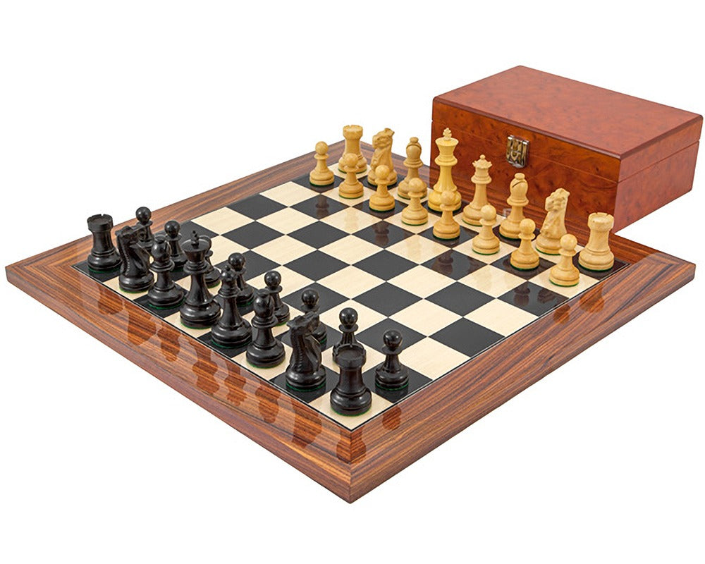 Supreme Ebenholz-Schachspiel mit Wurzelholzkoffer
