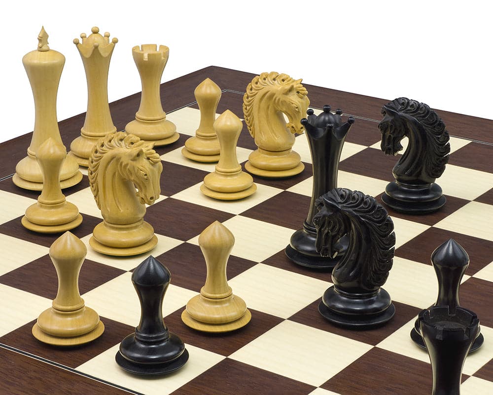 The Empire Knight Ebony Palisander Chess Set on a 21.7 inch Palisander board with elegant Staunton pieces, featuring an imperious 4.5 inch King.