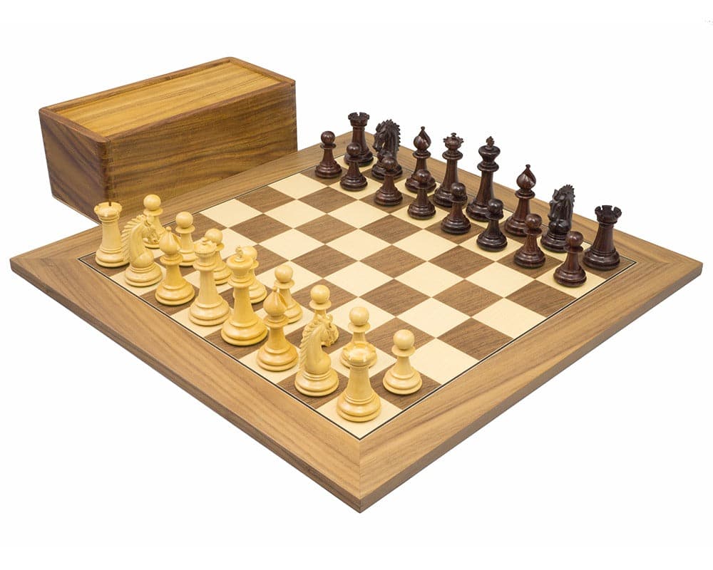 The Sheffield Knight Rosewood & Walnut Chess Set with intricately carved pieces and a 19-inch deluxe walnut board.