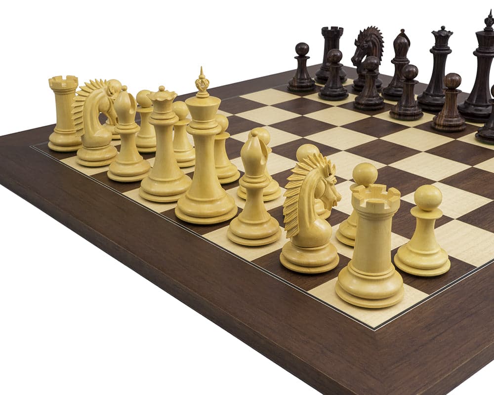 The Sheffield Knight rosewood palisander chess set on a 21.7 inch palisander board with ornately handcrafted chess pieces.