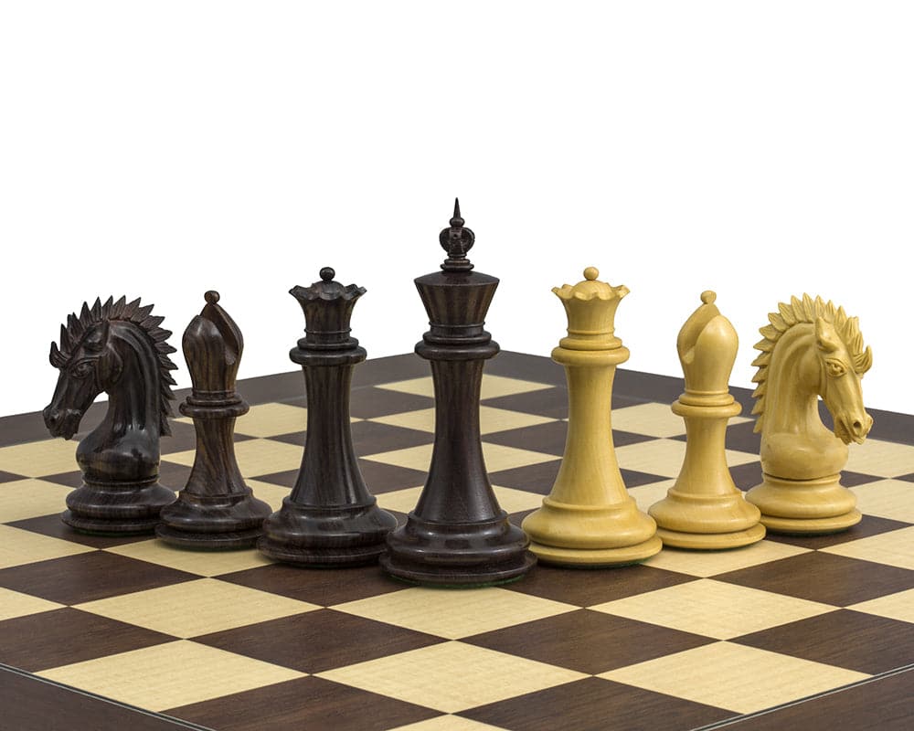 The Sheffield Knight Rosewood Palisander Chess Set on a 21.7-inch board with ornate handcrafted chessmen including 4.25-inch kings and extra queens