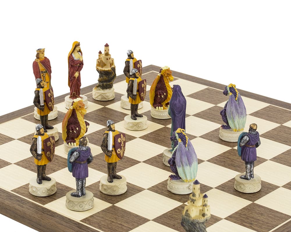 Hand painted Medieval chess set with detailed kings and characters on a wooden board. Crafted in Italy with exquisite details.