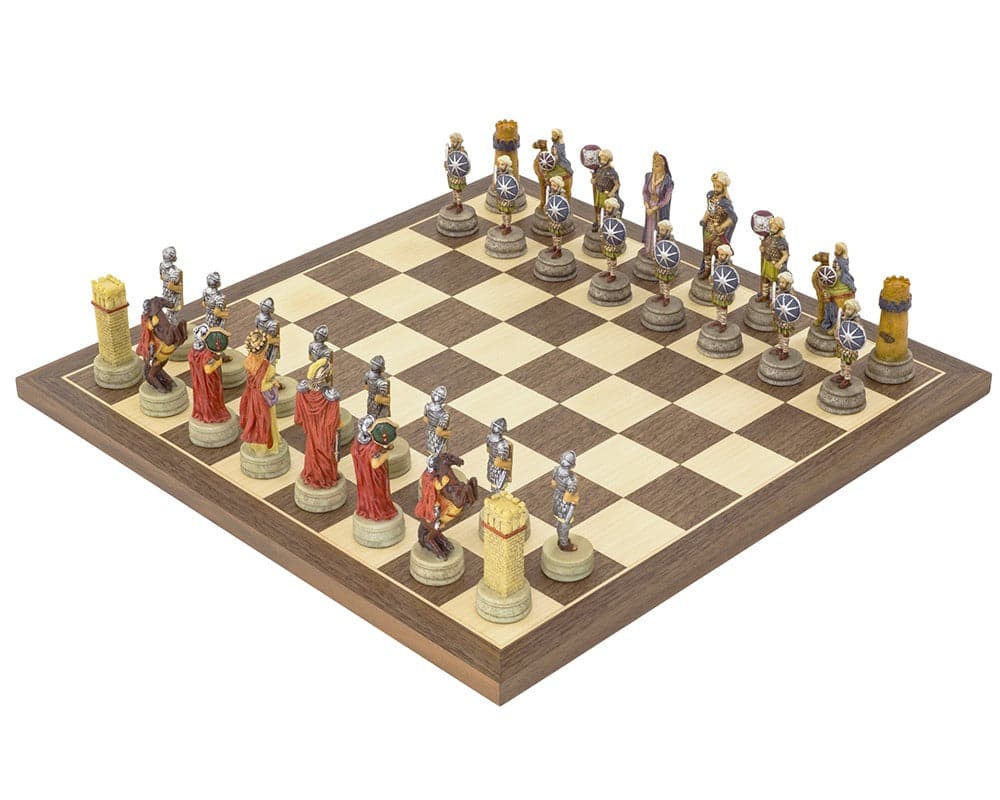 The Romans Vs Arabs hand painted chess set on a 15.75 inch Spanish board with exquisitely ornate, detailed historical figures.