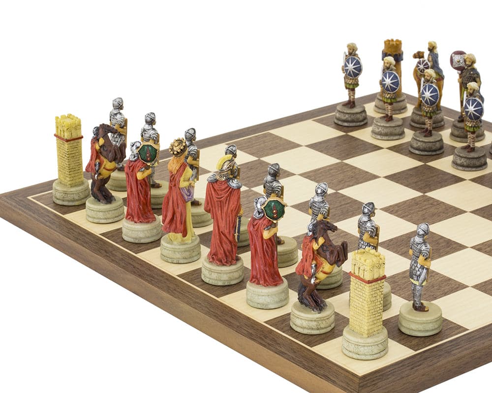 Hand painted Romans vs Arabs chess set on a 15.75 inch Spanish board with ornate historical figures.