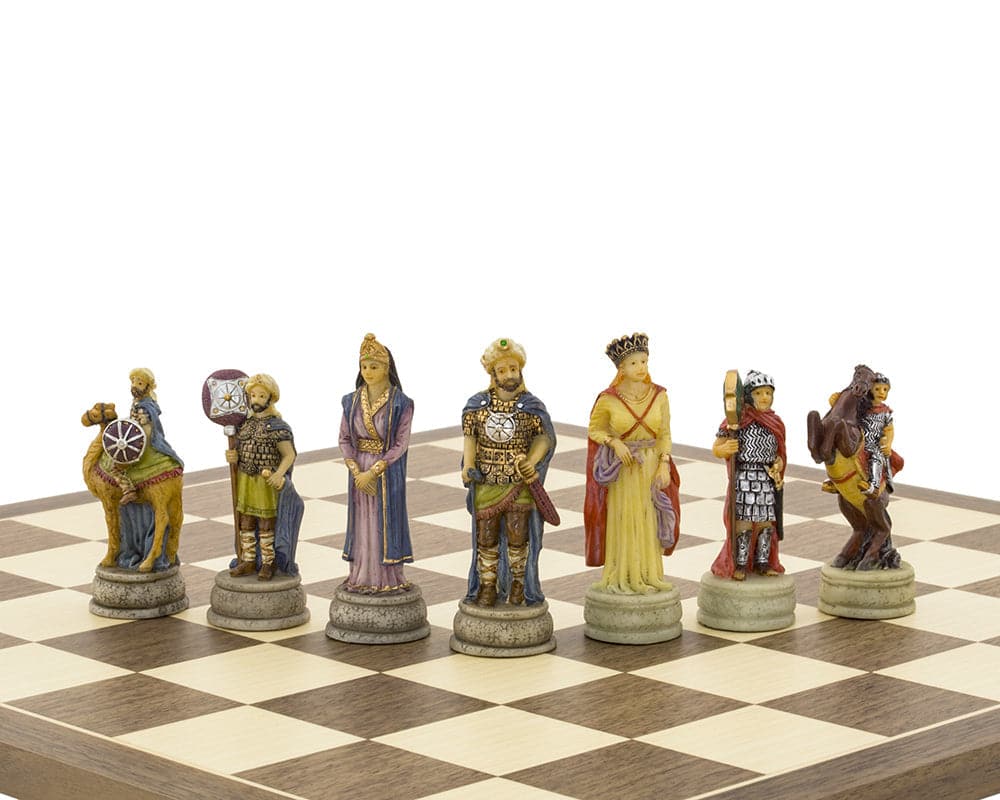 Hand painted chess pieces on a 15.75 inch Spanish board from The Romans Vs Arabs Chess Set by Italama of Italy.