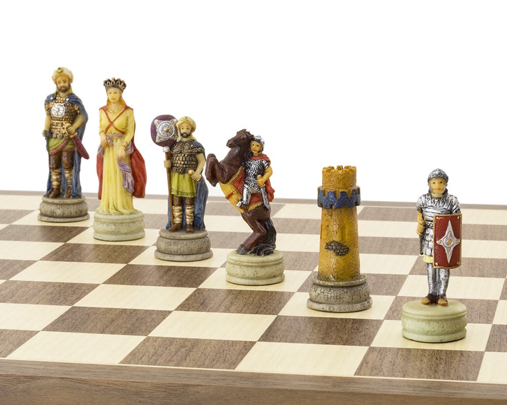 Hand-painted Romans vs Arabs chess pieces on ornate 15.75 inch Spanish board by Italama, Italy. Detailed historical figures, 3.25 inch king.