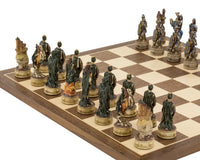 The Zombie Hand Painted Chess Set on a 16-inch board, featuring exquisitely ornate, beautifully crafted pieces with felted bases