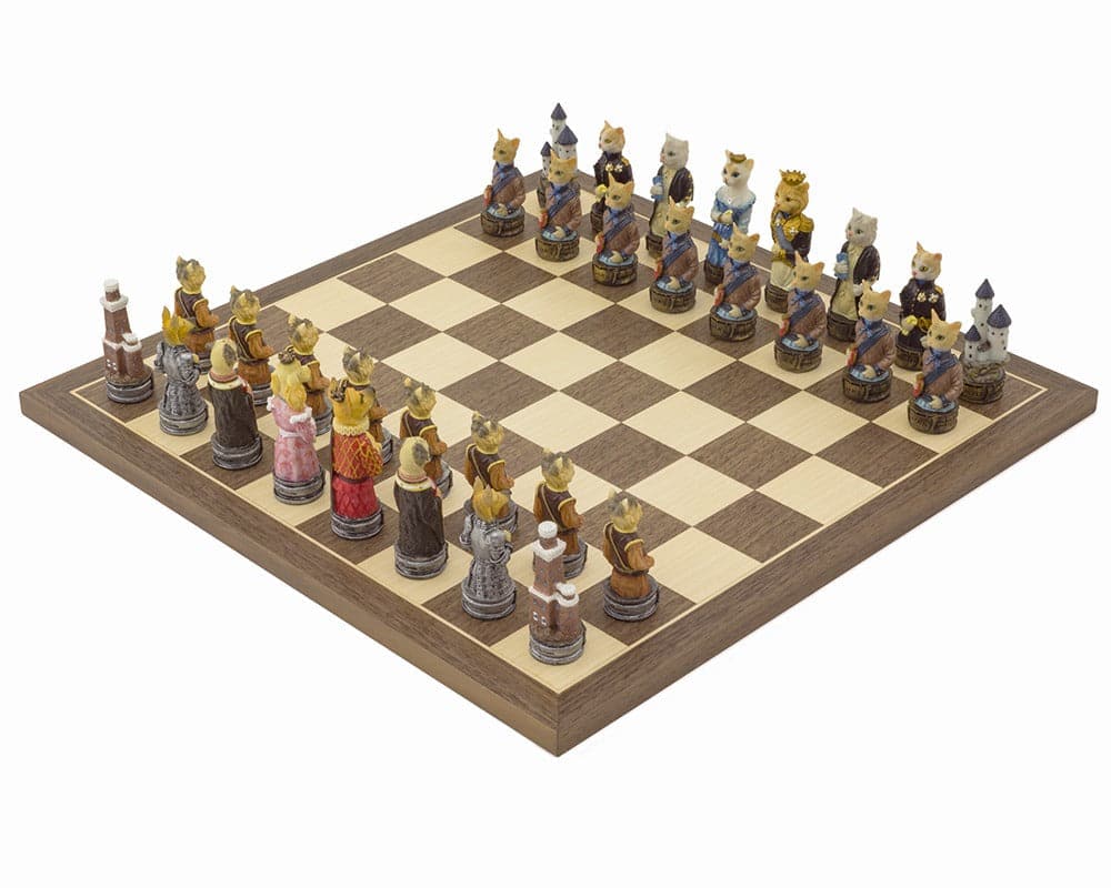 Cats Vs Dogs themed hand-painted chess set by Italfama on Spanish walnut and maple board. Made in Italy with superb detailing.