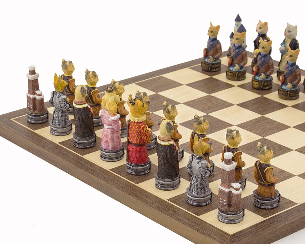 Hand-painted Cats Vs Dogs themed chess set by Italfama on walnut and maple board with detailed pieces, featuring a 3.75-inch King.