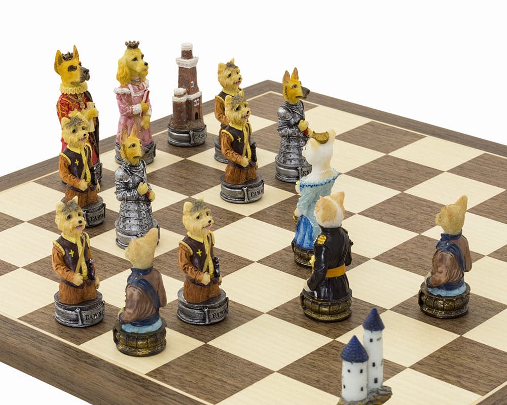 Hand-painted Cats Vs Dogs themed chess set on Spanish walnut and maple board with detailed pieces, featuring a Great Dane King.