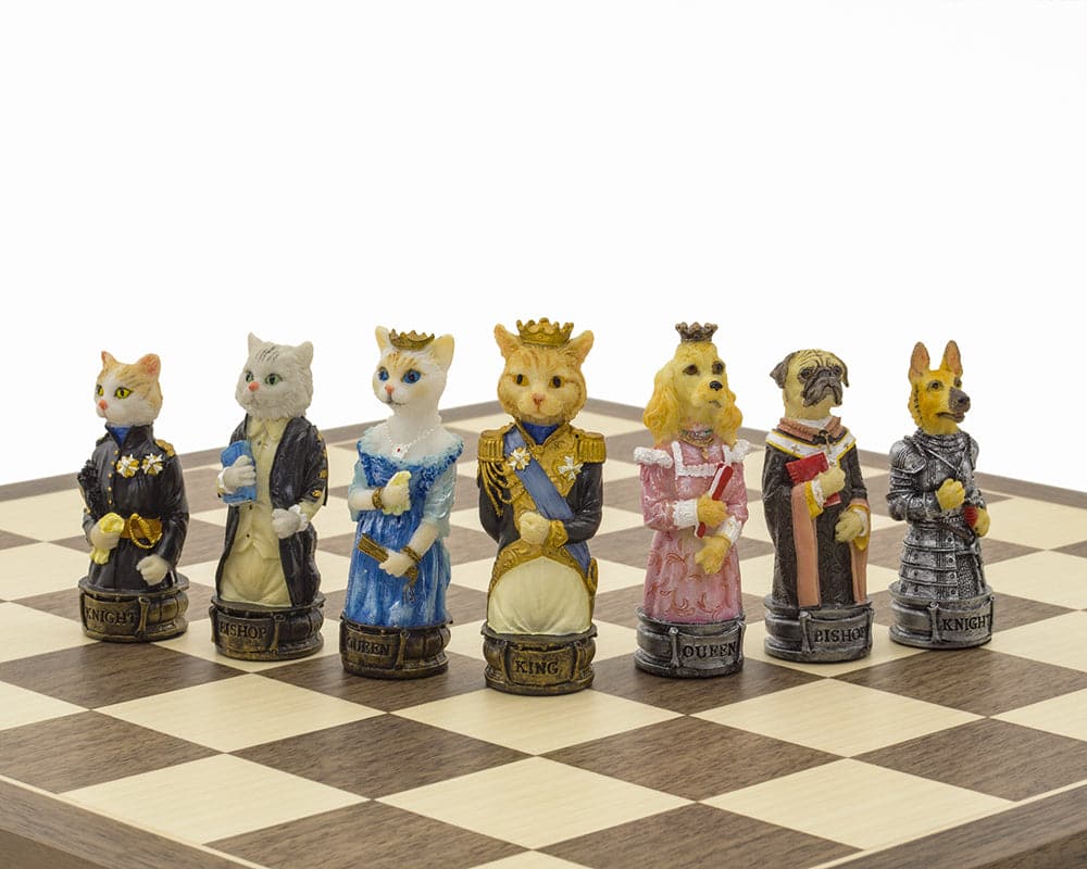 Hand painted cat and dog chess pieces on a Spanish walnut and maple board from The Cats Vs Dogs Chess Set by Italfama, Italy