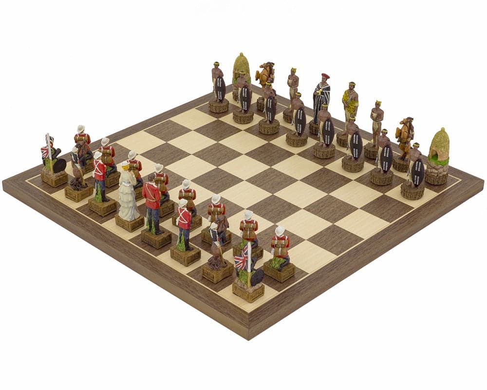 Hand-painted British vs Zulu themed chess set on walnut and maple board by Italfama.