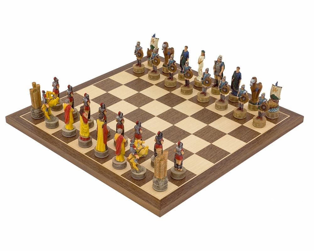 The Battle of Troy Hand Painted themed Chess Set by Italfama, featuring intricately designed chess pieces on a classic chessboard.