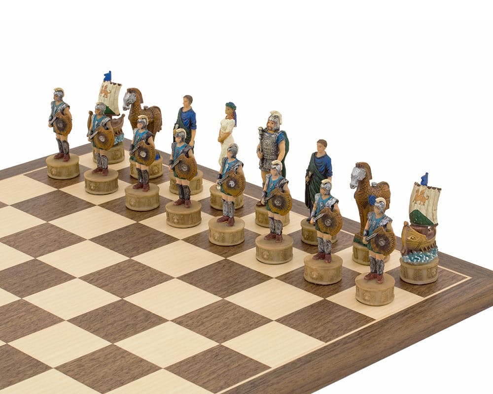 Hand-painted Battle of Troy themed chess set by Italfama, featuring detailed warrior pieces on a checkered chessboard.