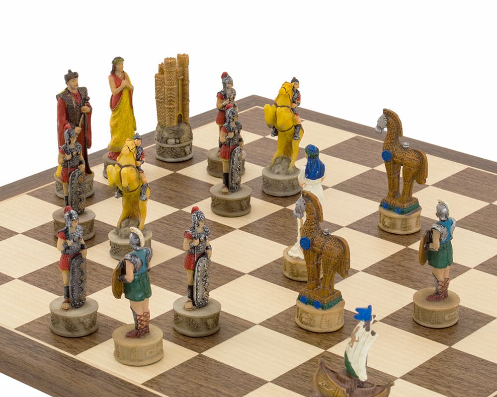 The Battle of Troy themed hand painted chess set on chessboard by Italfama