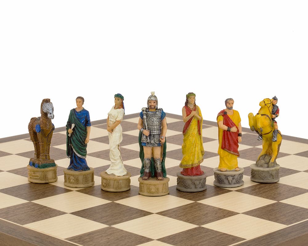 The Battle of Troy Hand Painted Chess Set on wooden board, featuring detailed themed chess pieces by Italfama.