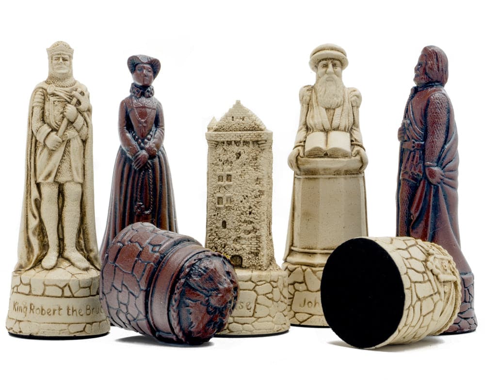 Stone crushed resin chess pieces with historical Scottish characters in russet and cream coloring from the Berkeley Chess Scottish Russet set.