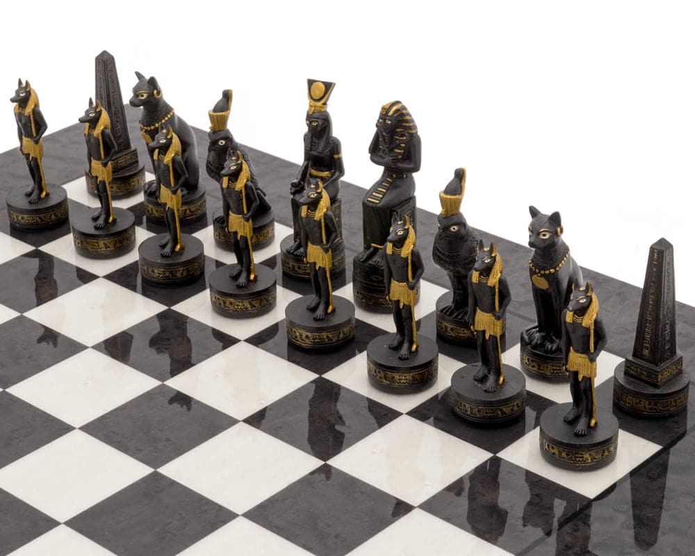 Ancient Egypt hand painted themed luxury chess set with large, anjan wood pieces, black anegre board with high gloss finish, and Egyptian figure pieces.