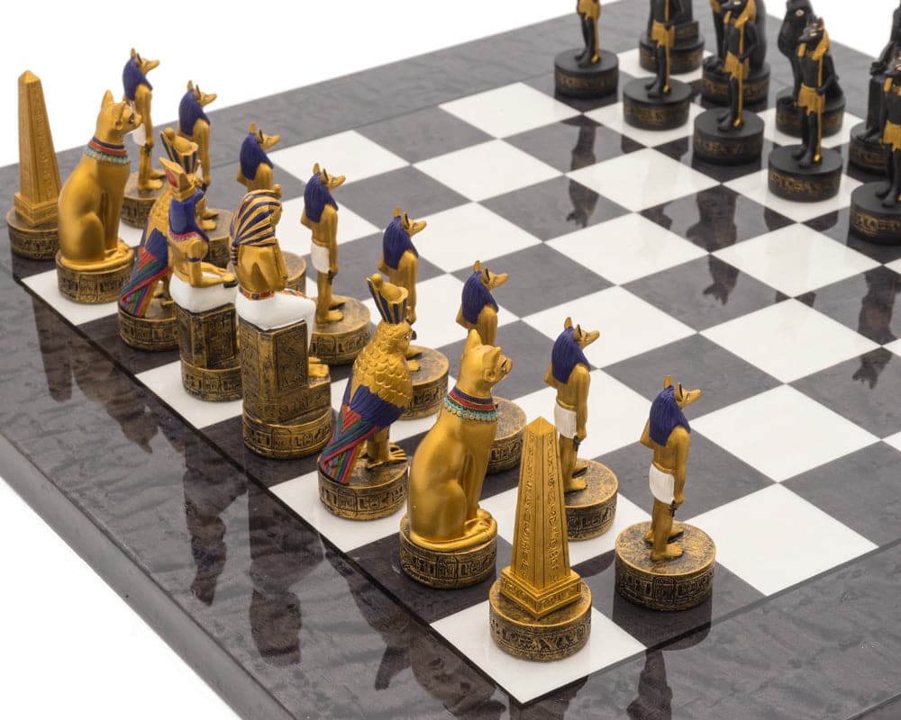 Hand painted Ancient Egypt themed luxury charcoal chess set by Italfama with beautifully crafted and perfectly weighted pieces.