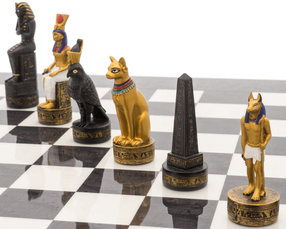 Hand-painted Ancient Egypt themed luxury chess set on high gloss board with detailed anjan wood pieces, by Italfama.