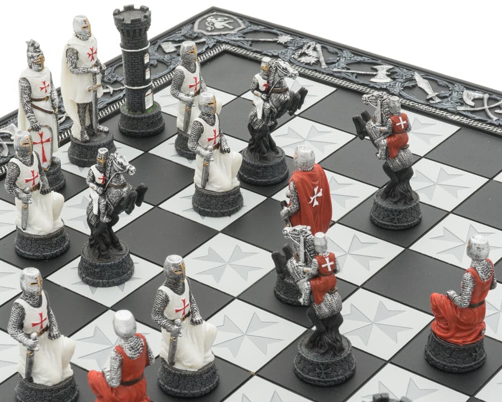 Intricately detailed Knights Templar Crusade hand-painted chess set on an exquisitely sculpted resin board, depicting historical Crusades theme.