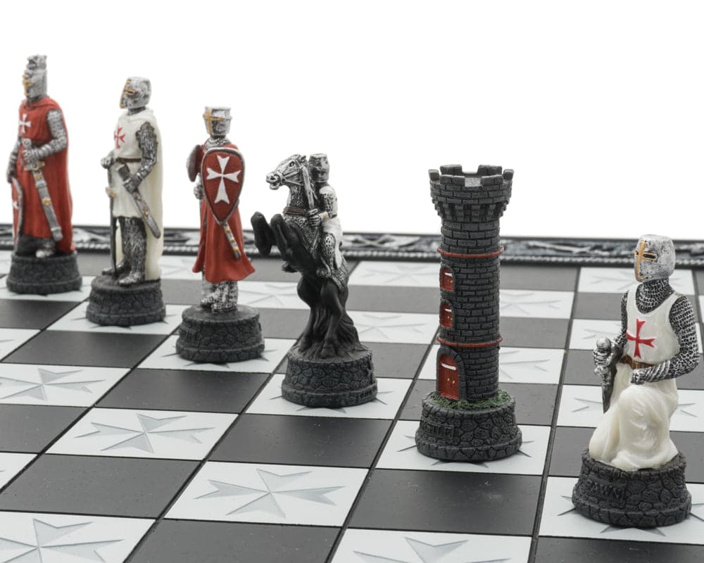 Knights Templar Crusade hand-painted resin chess set with intricately detailed historical pieces on sculpted resin board.