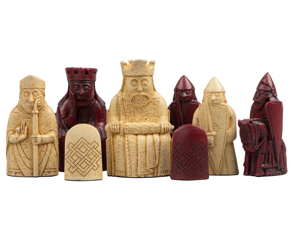 Isle of Lewis black and red chess set pieces including king, queen, and pawns in gift packaging