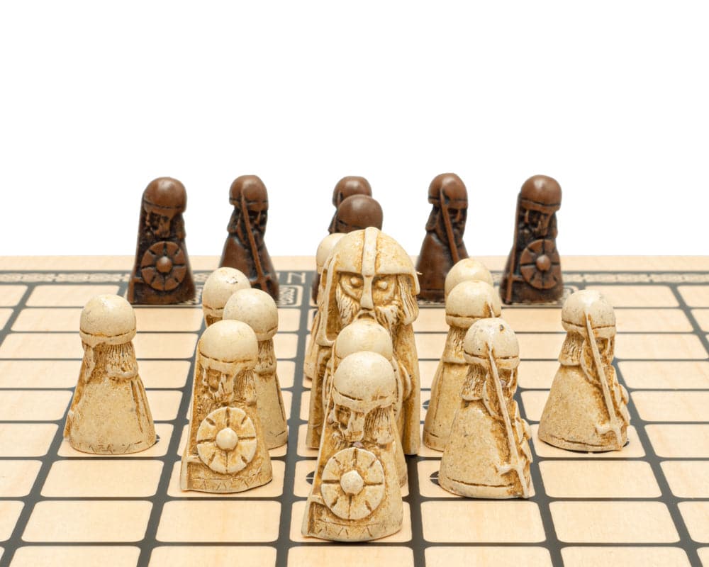 Deluxe Hnefatafl Viking game pieces on 15.75-inch inlaid mahogany board with notation markings